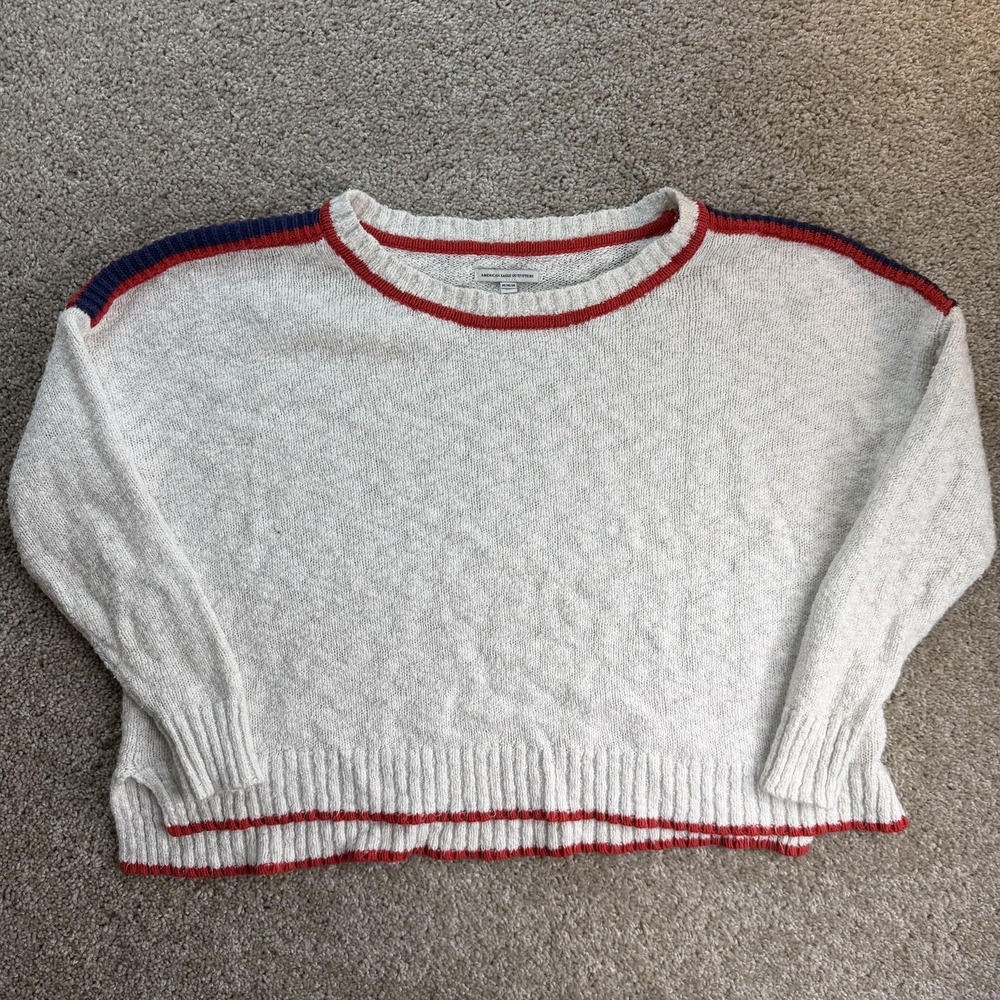 American Eagle Outfitters Sweater Womens M Gray Crew Neck Contrast Trim Knit
